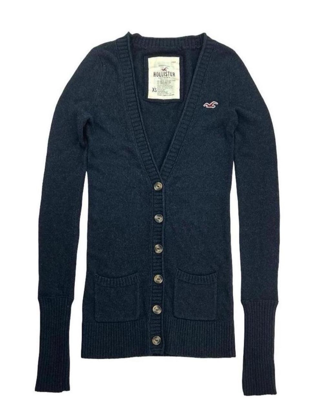 Y2K 2000s Hollister Preppy Knit Navy Blue Button-Front V-Neck Cardigan